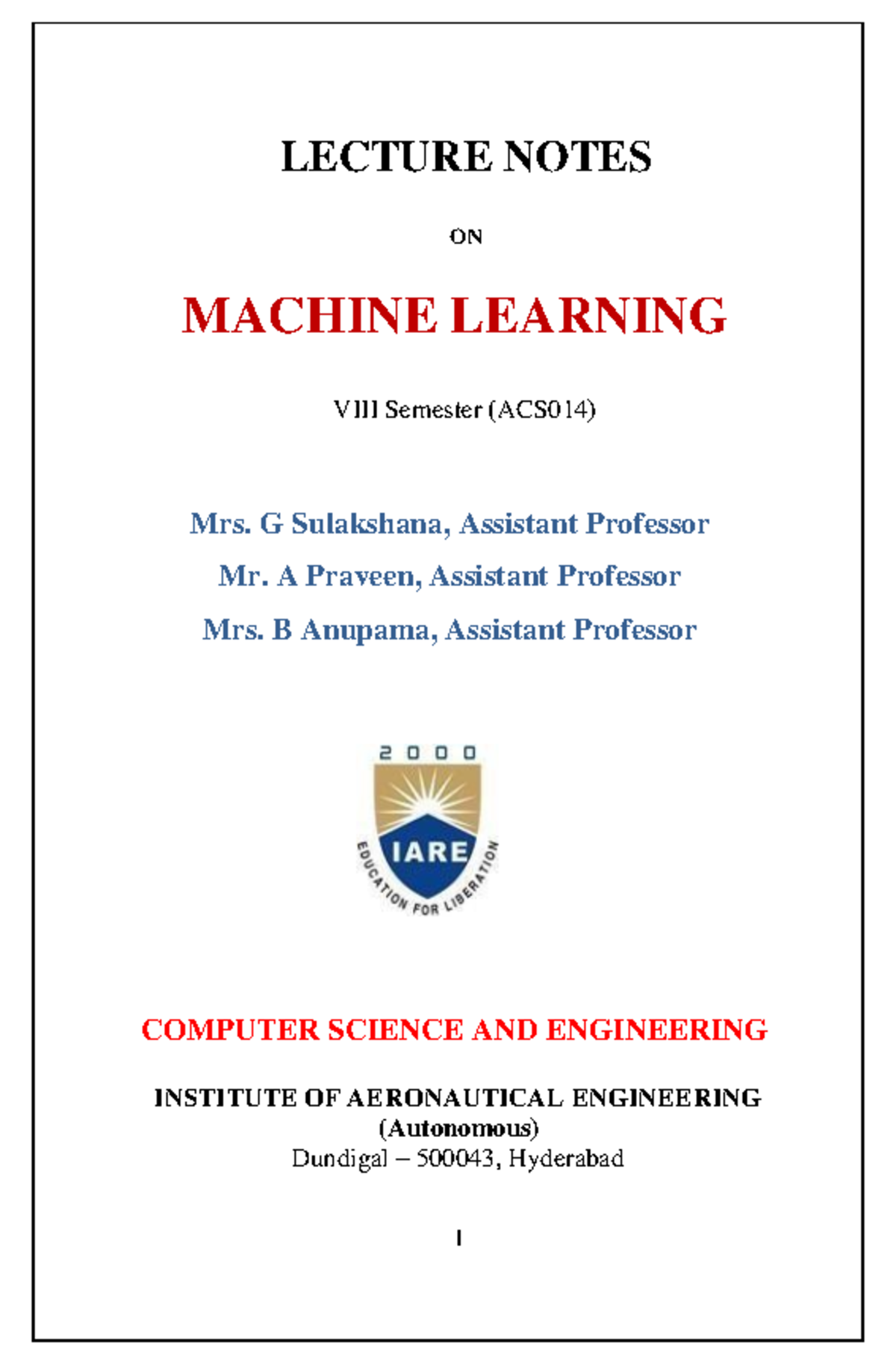 IARE Machine Learning LEC Notes - LECTURE NOTES ON MACHINE LEARNING ...