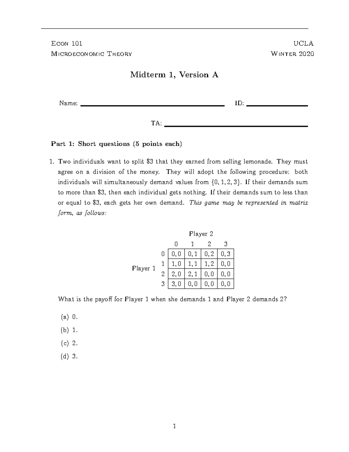 Econ 101 UCLA Winter 2020 Microeconomic Theory Midterm 1 Exam - Studocu