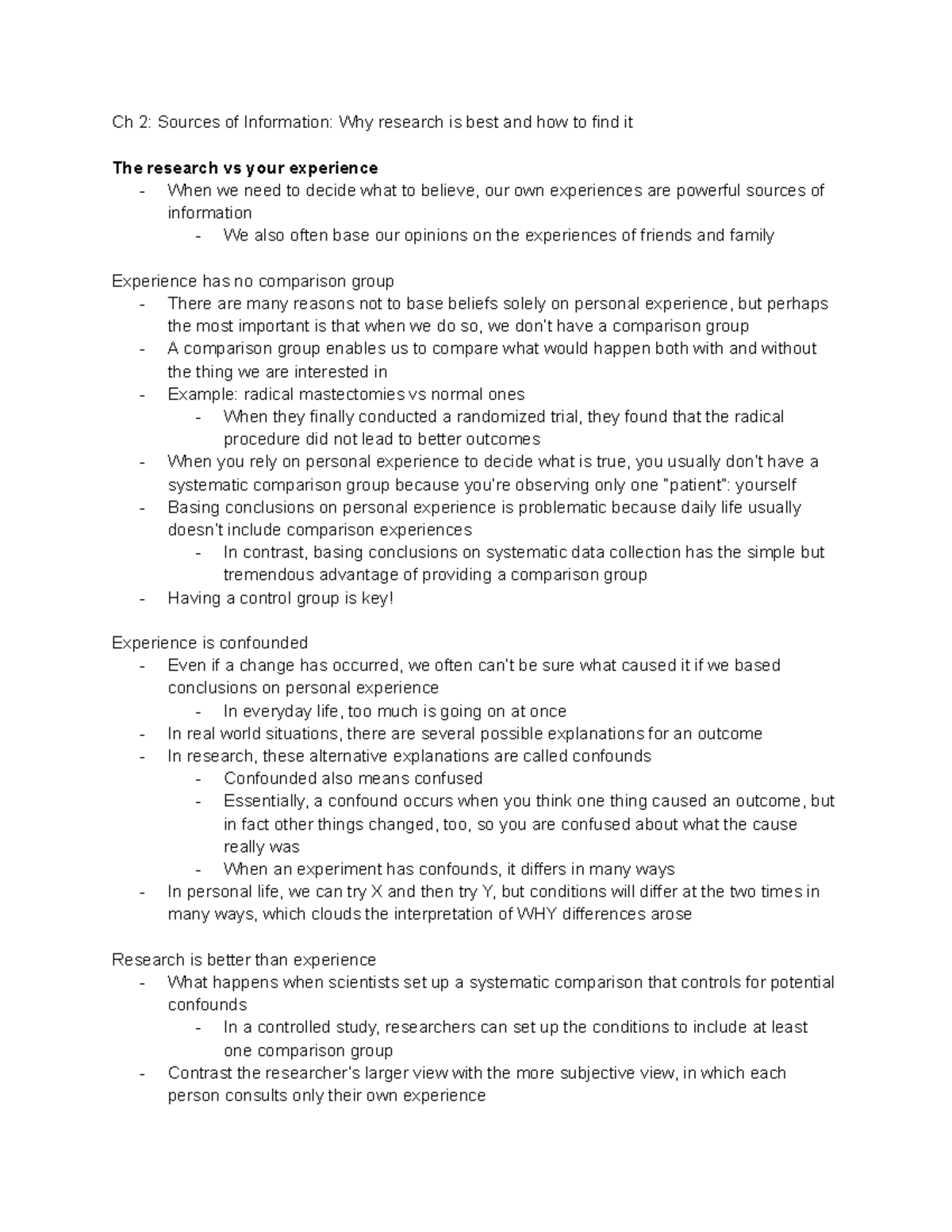 Psyc 201 Ch 2: Understanding Research vs. Personal Experience - Studocu