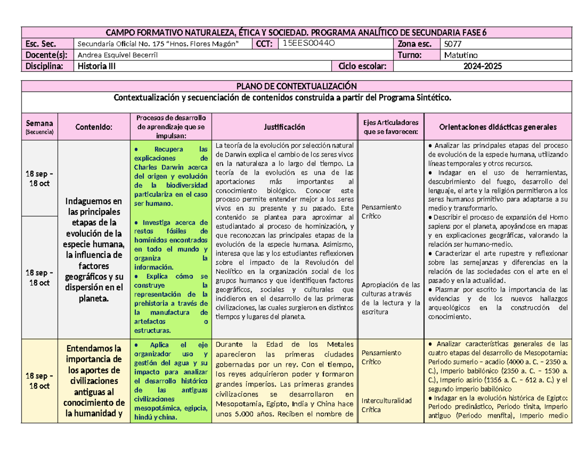 Programa Analítico de Historia III - Secundaria 2024-2025 - Studocu