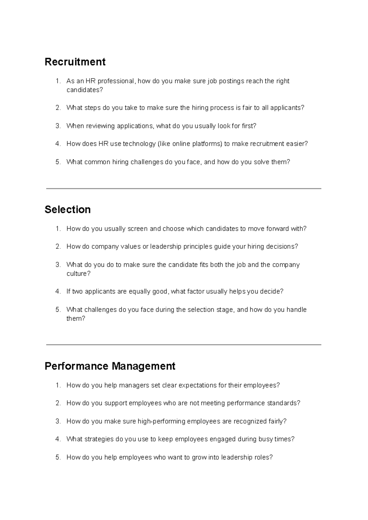 HR Recruitment & Selection Interview Questions Guide - Studocu