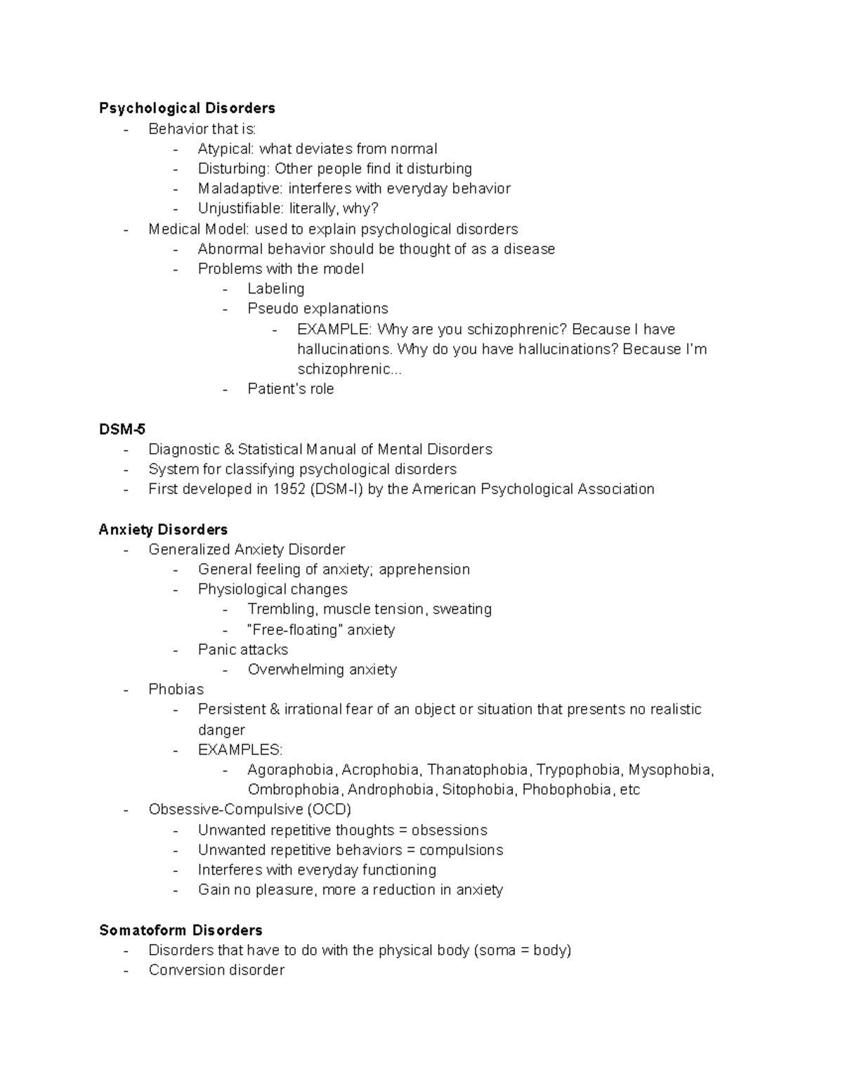 Psychological Disorders Overview - Studocu