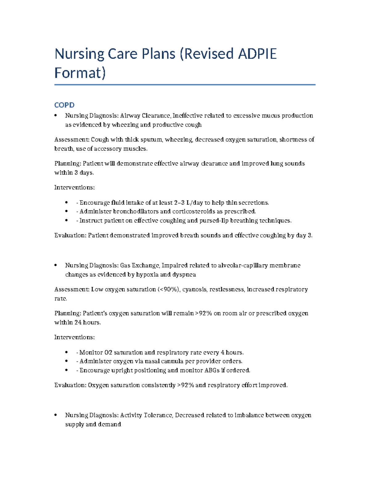 Complete ADPIE Nursing Care Plans: COPD, Hypertension, CHF, Asthma ...
