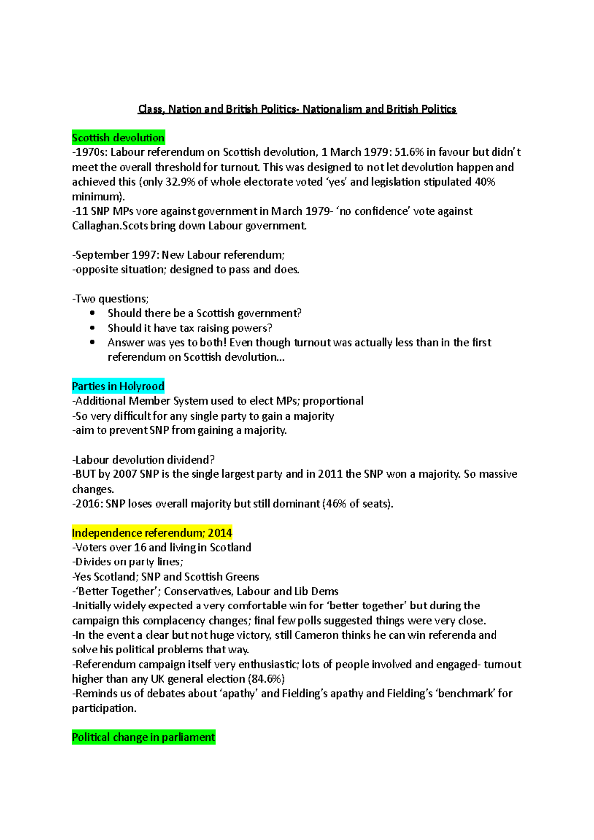 Lecture notes on nationalism - Class, Nation and British Politics ...