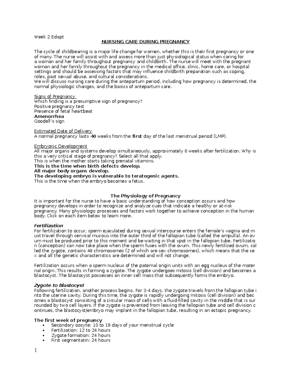 NURS 101 Week 2: Nursing Care During Pregnancy and Childbirth - Studocu