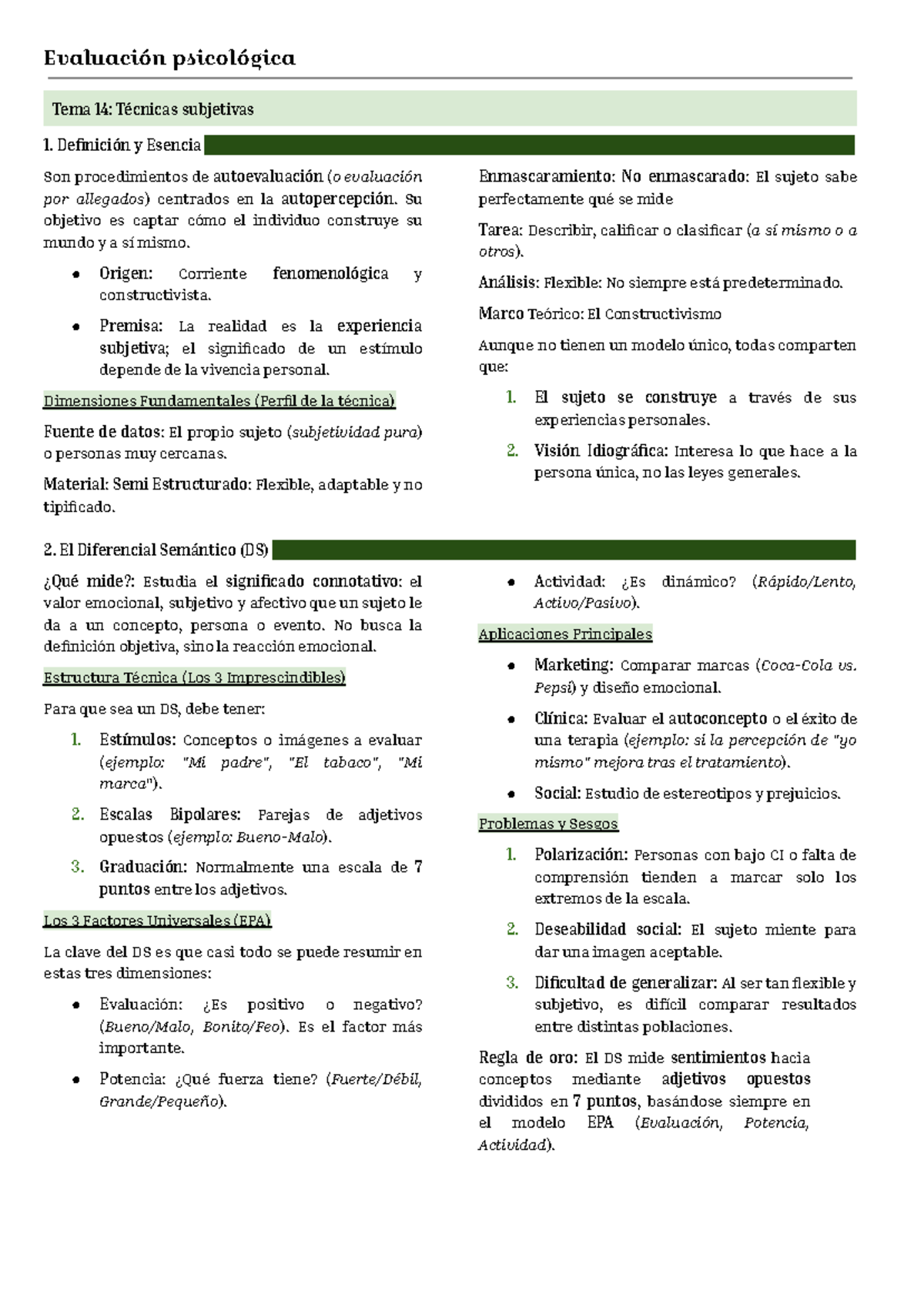 Evaluación Psicológica: Técnicas Subjetivas - Tema 14 Resumen - Studocu