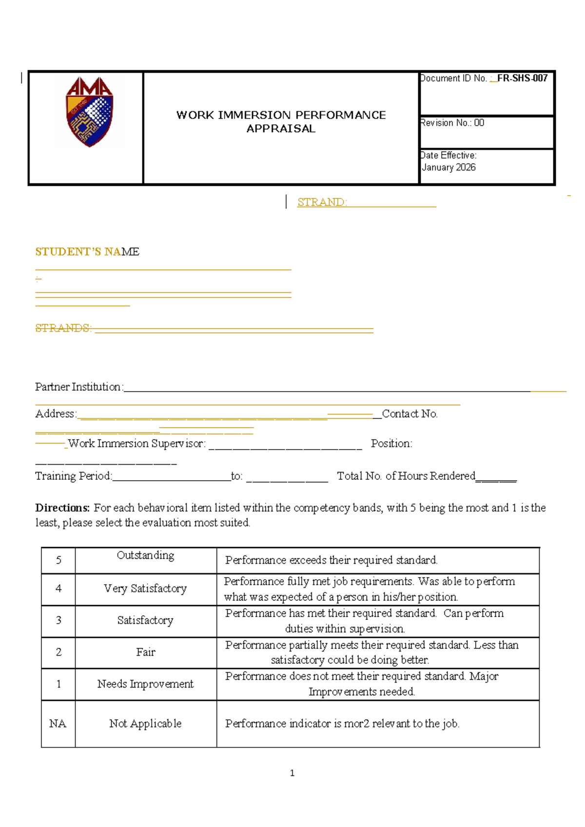 WORK IMMERSION PERFORMANCE APPRAISAL (SHSWI) - Evaluation Form - Studocu