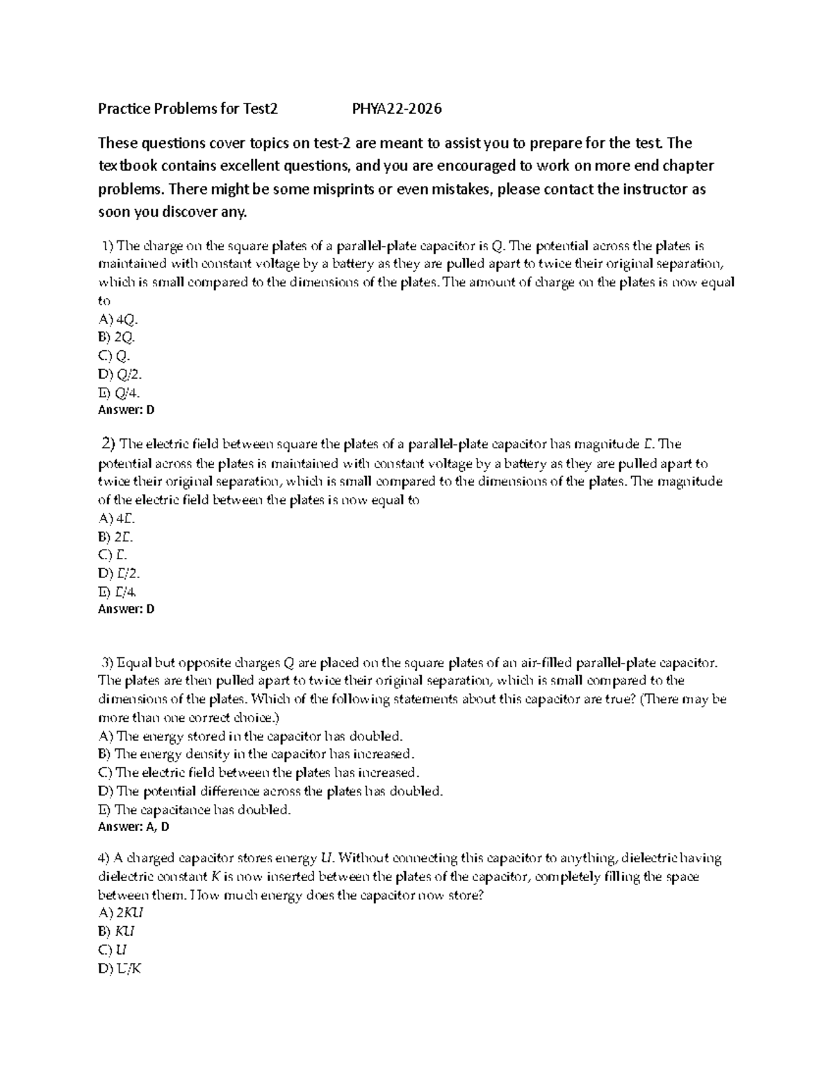 Practice Problems for Test2-2026 PHYA22-1: Capacitors and Electric ...