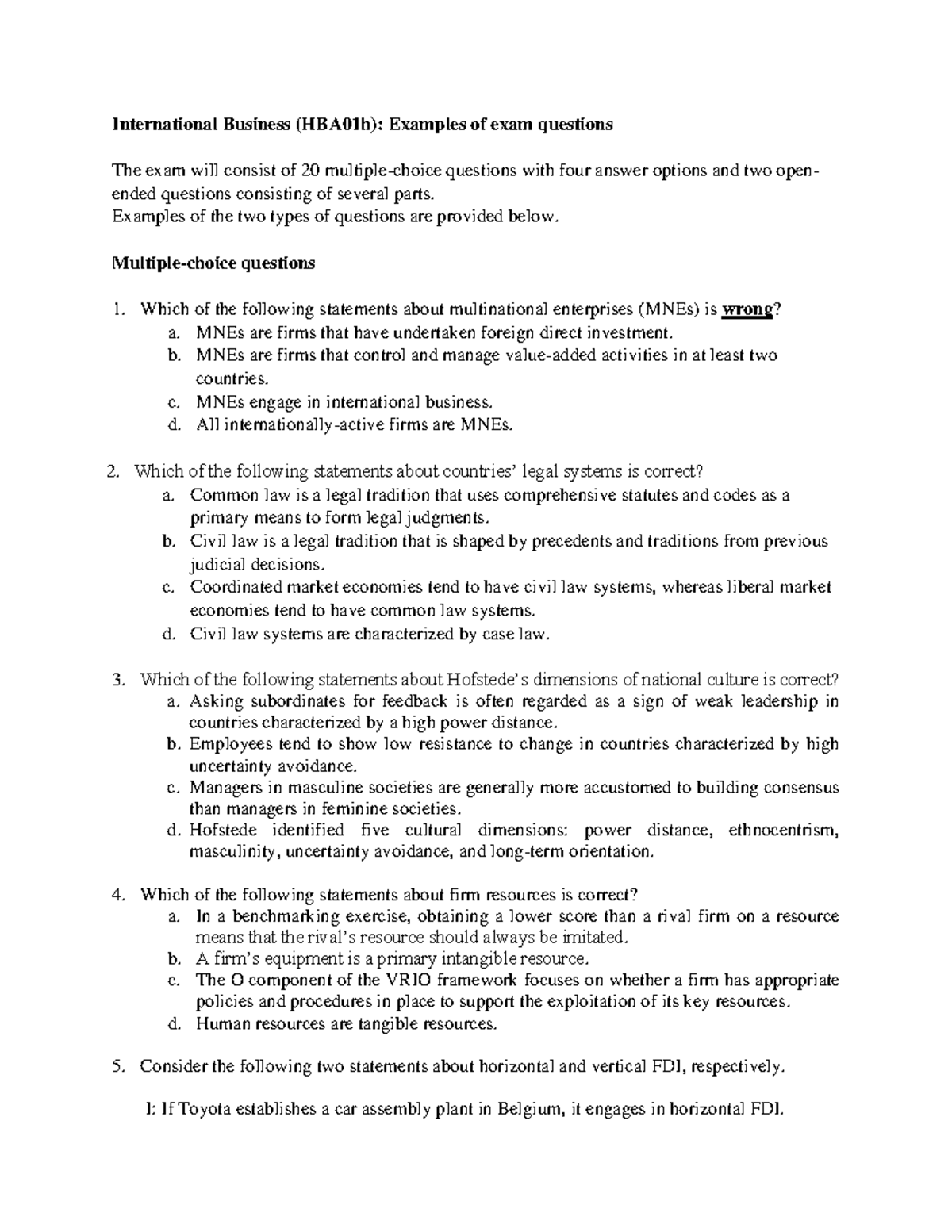 International Business (HBA01h): Sample Exam Questions and Answers ...