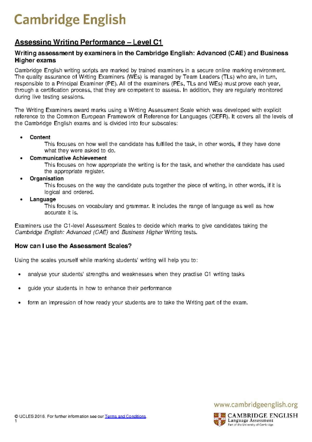 C1 Writing Assessment: Cambridge English Advanced & Business Higher ...