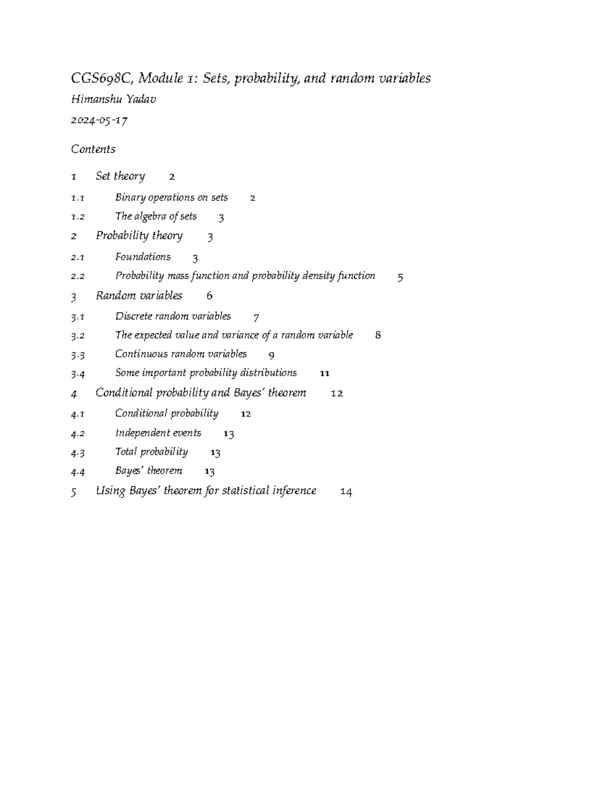 CGS698C: Module 1 - Sets, Probability, and Random Variables Notes - Studocu