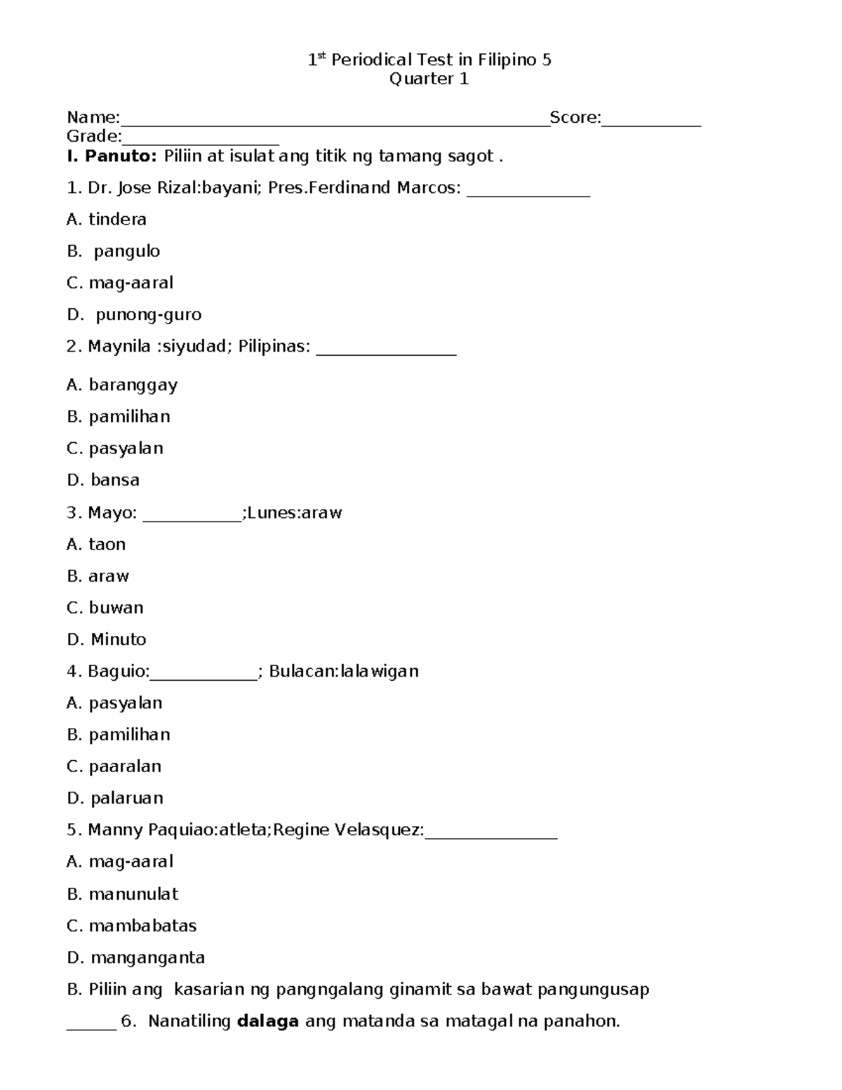 1st Periodical Test in Filipino 5 - Panuto: Piliin at isulat ang titik ...