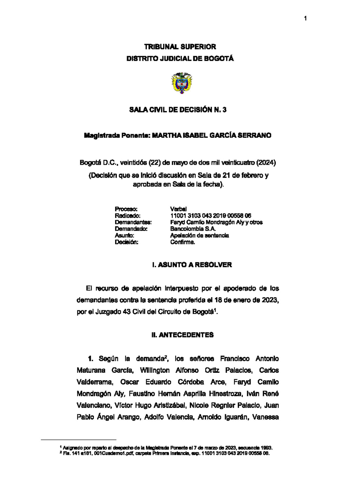 Sentencia Apelación: Bancolombia Vs Futbolistas - Proceso 11001 3103 043 2019 00558 - Document Preview