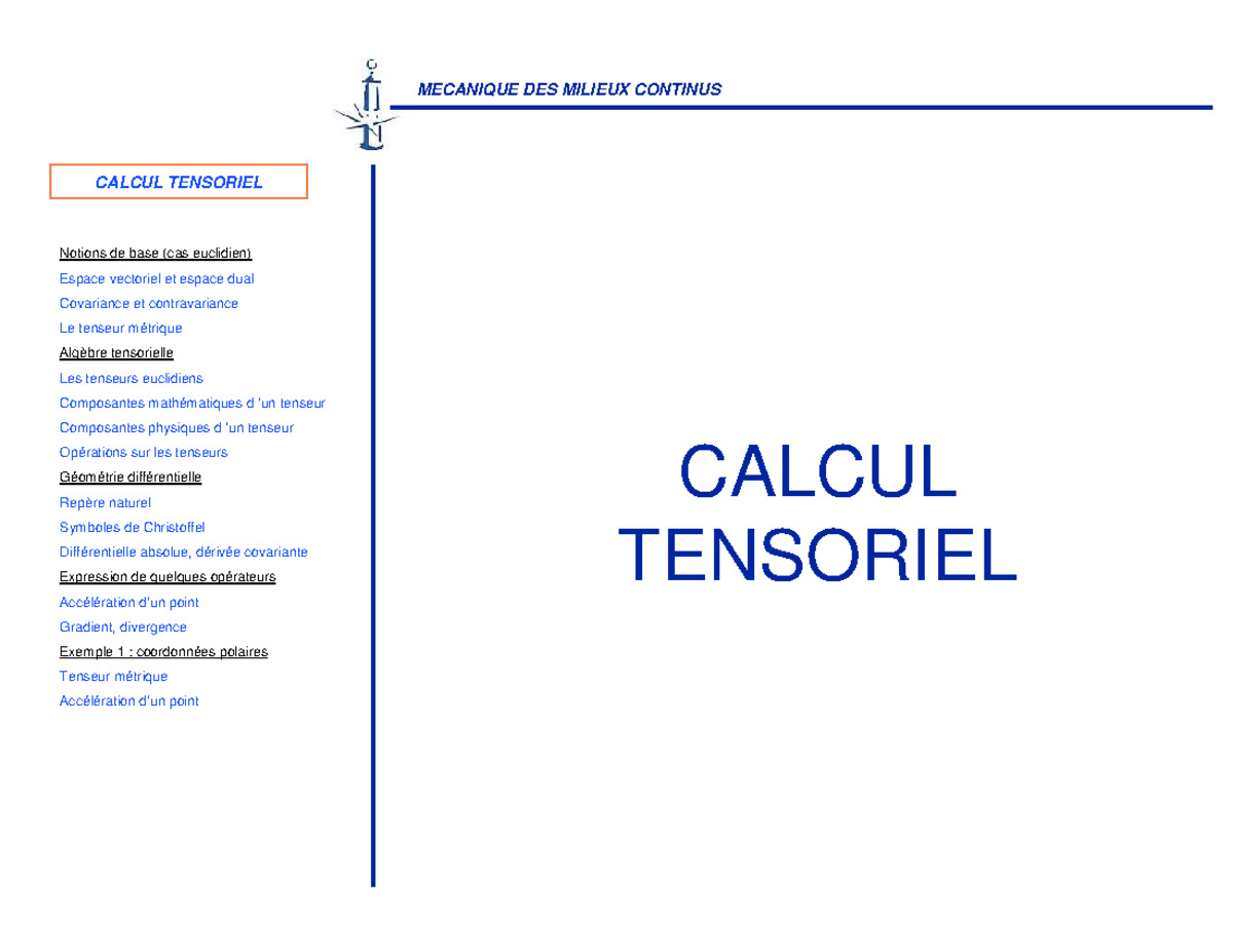 Calcul Tensoriel - Cours sur les Tenseurs, Covariance et