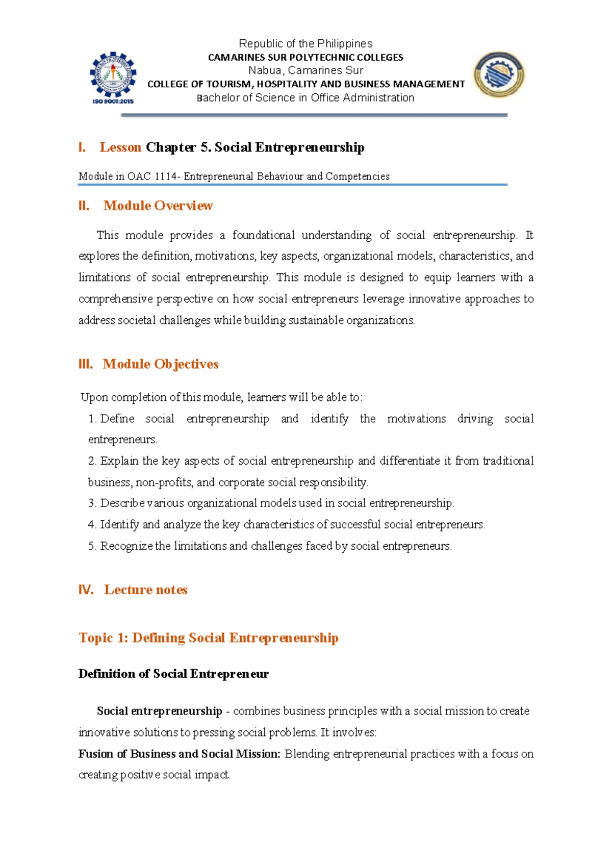 BSOA-3D Lesson Module 5: Understanding Social Entrepreneurship - Studocu