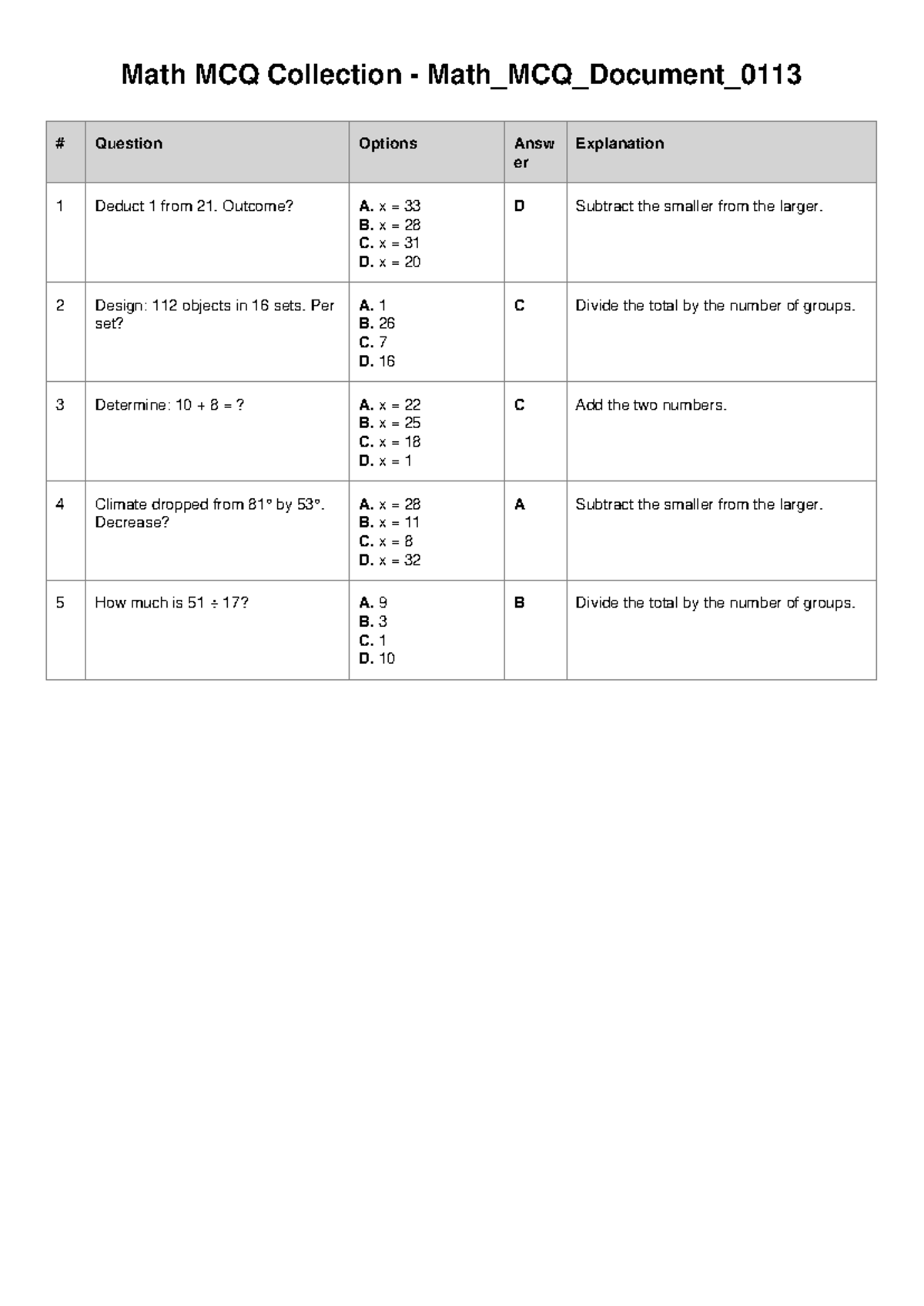 Math MCQ Collection - Math_MCQ_Document_0113 - Studocu
