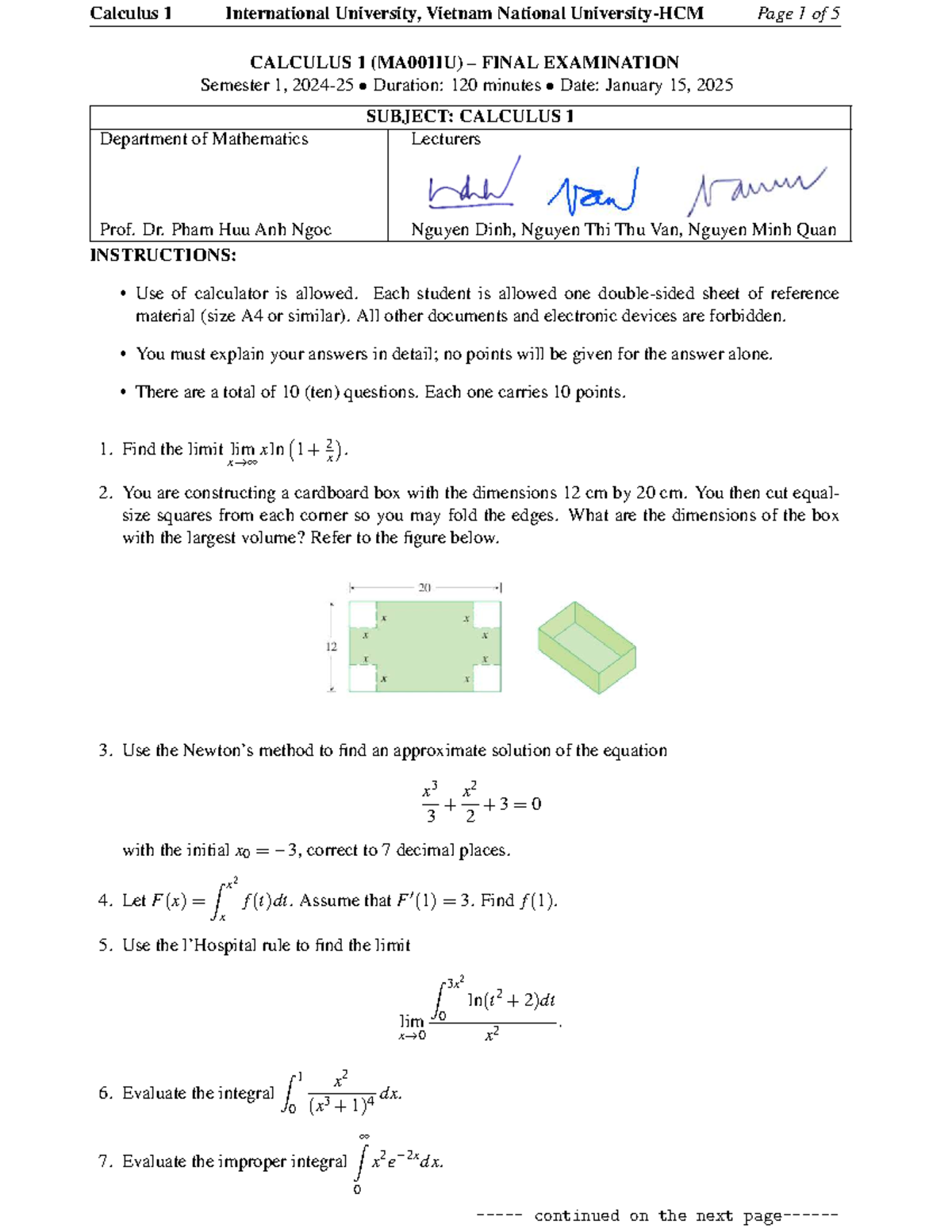 Calculus 1 (MA001IU) Final Exam Review - January 2025 - Studocu