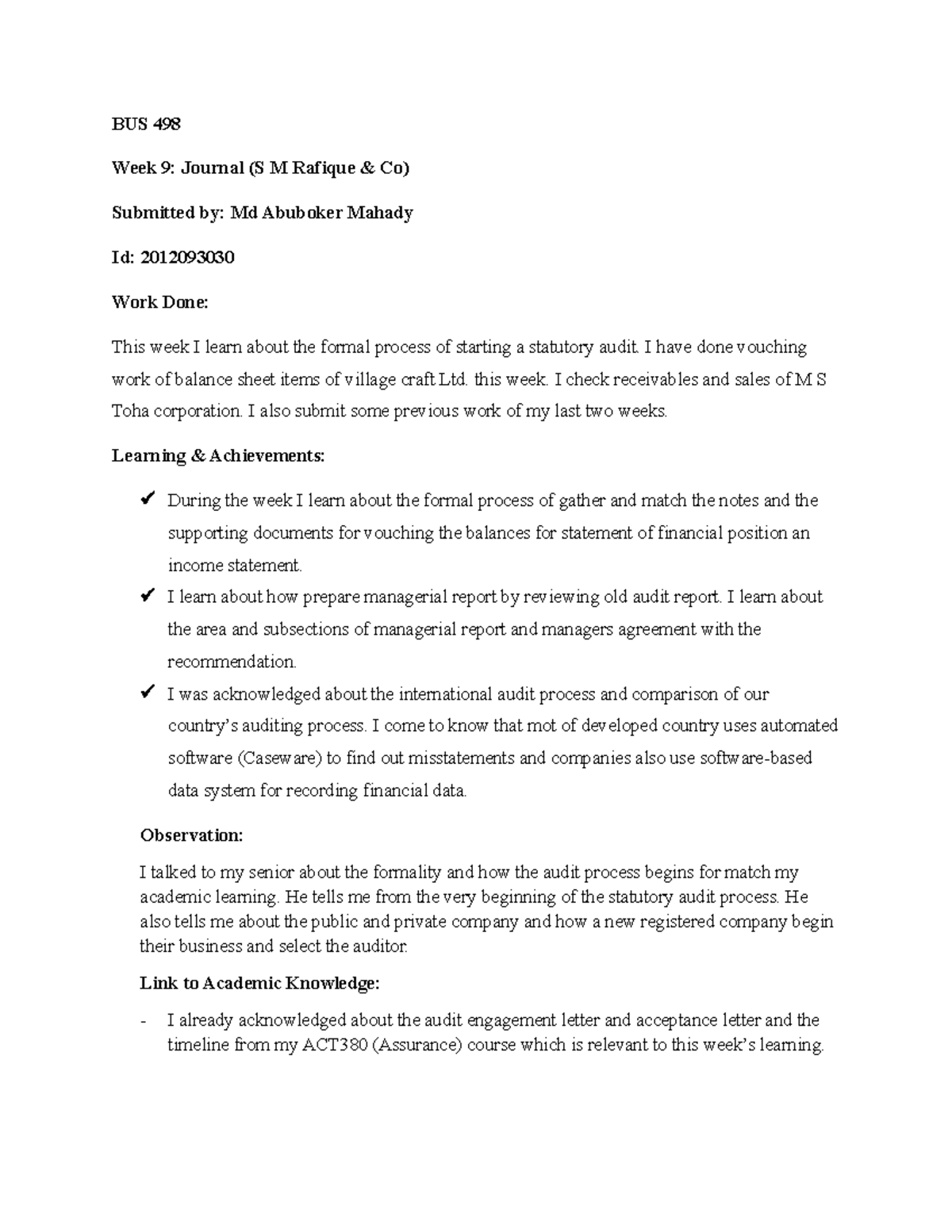 BUS 498 Week 9: Weekly Journal on Statutory Audit Process - Studocu