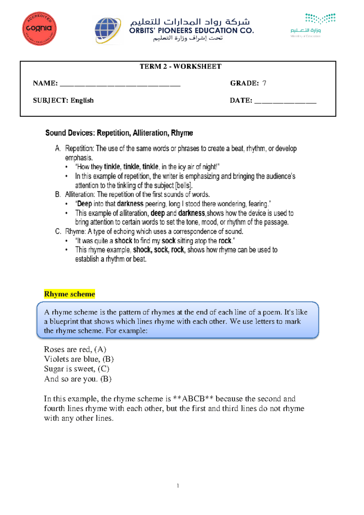 Grade 7 English Rhyme Scheme & Poetic Devices Worksheet - Studocu