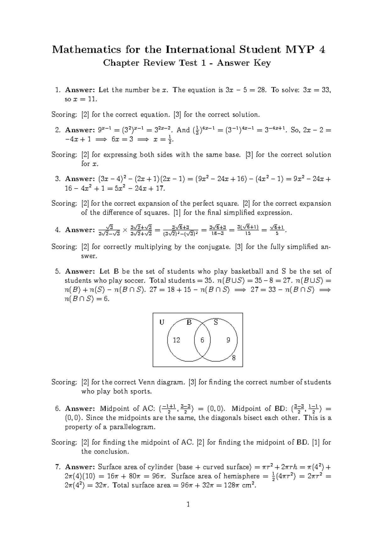 MYP 4 Mathematics Chapter Review Test 1 Answer Key - Studocu