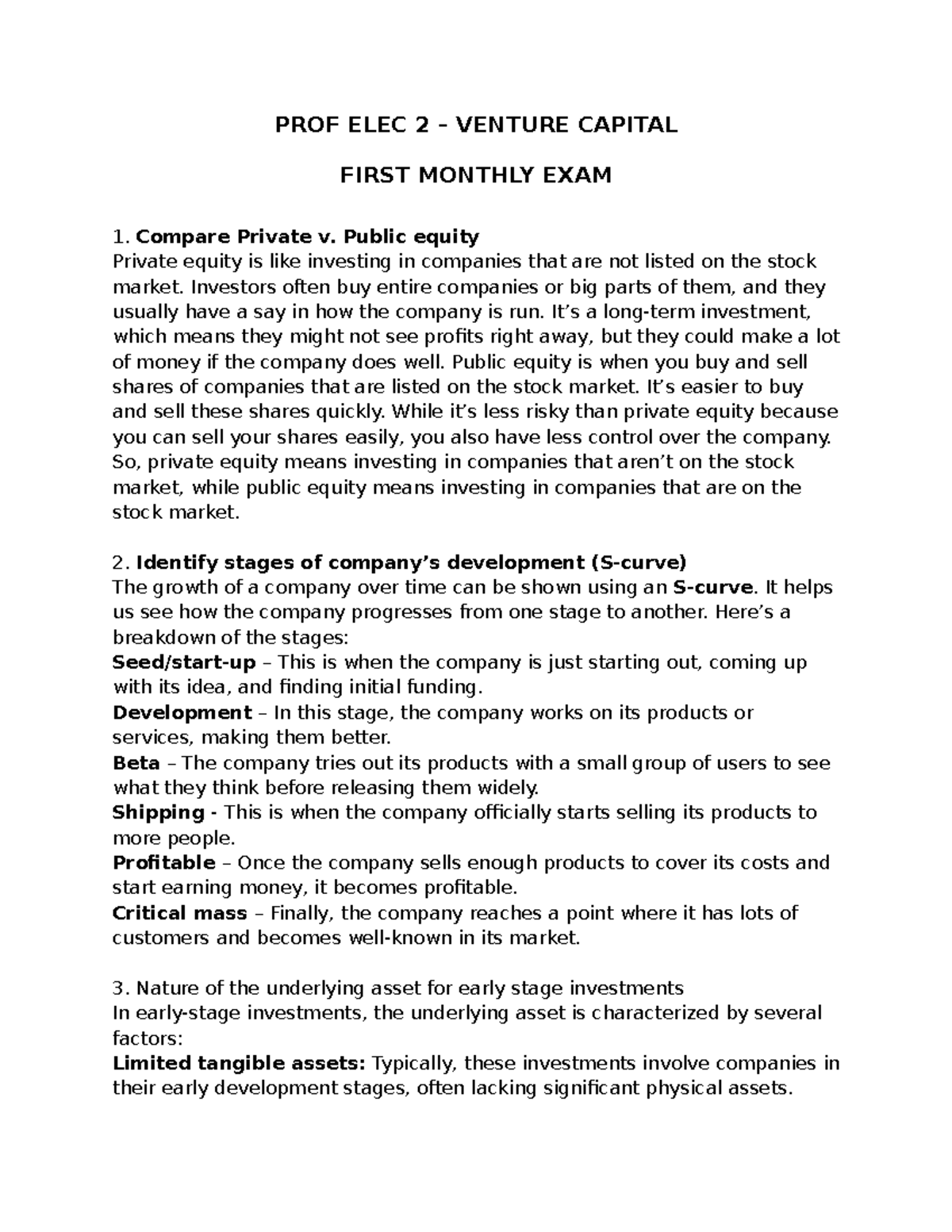 PROF ELEC 2 - VENTURE CAPITAL FIRST MONTHLY EXAM NOTES - Studocu