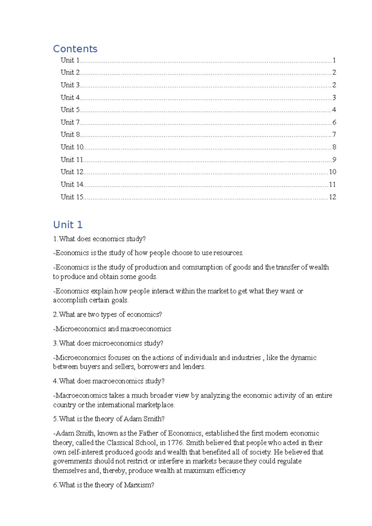 Economics Study Guide: Course Code DECUONG - Units Overview and Key ...