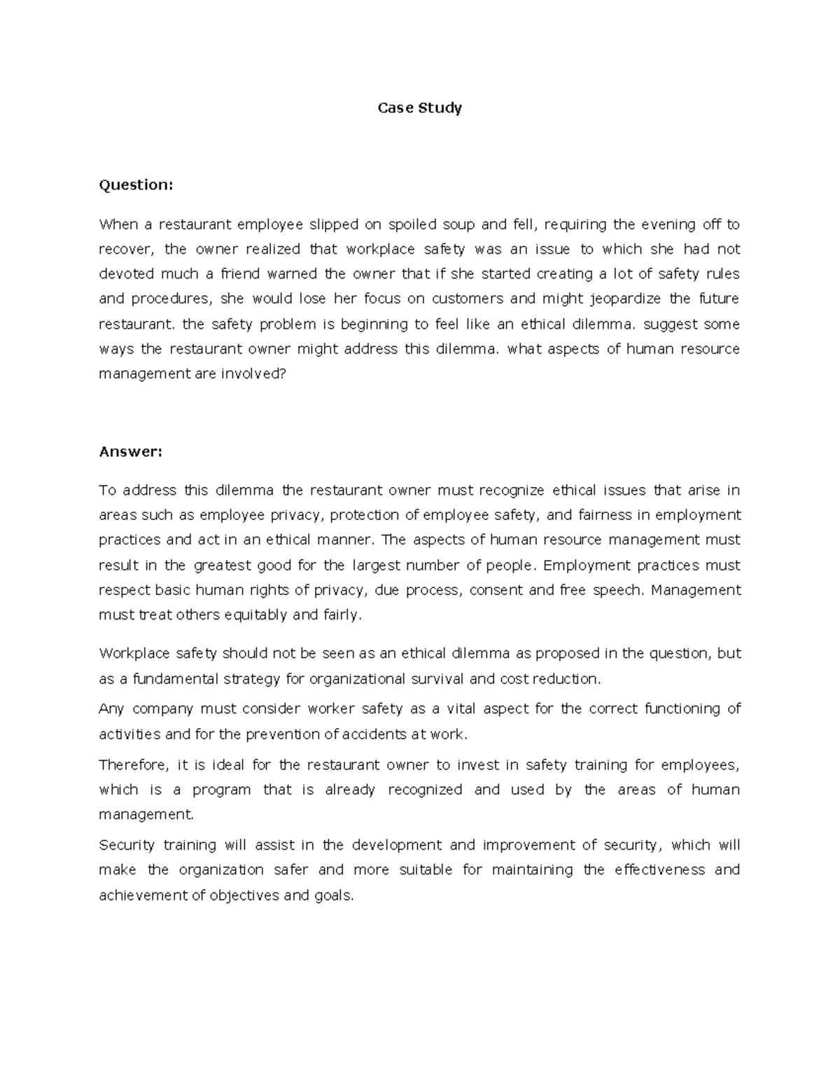 Case Study 1: Workplace Safety and Ethical Dilemmas in HR Management ...