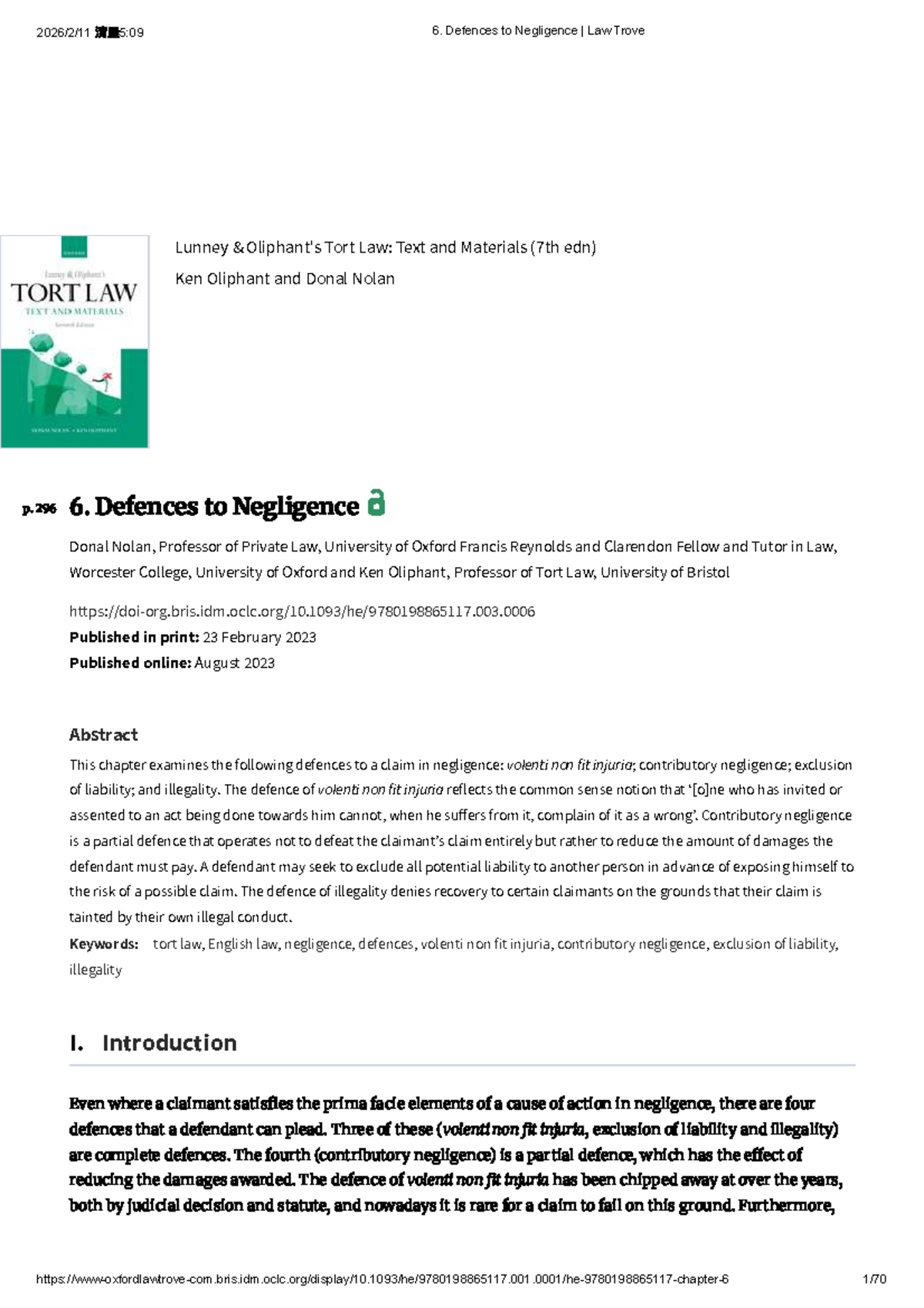 6. Defences to Negligence: Insights from Lunney's Tort Law (7th edn ...