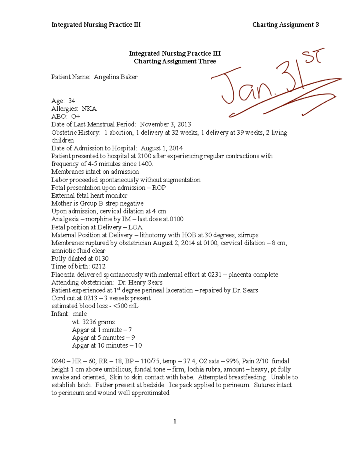 Charting Assignment 3 - Integrated Nursing Practice III Charting ...