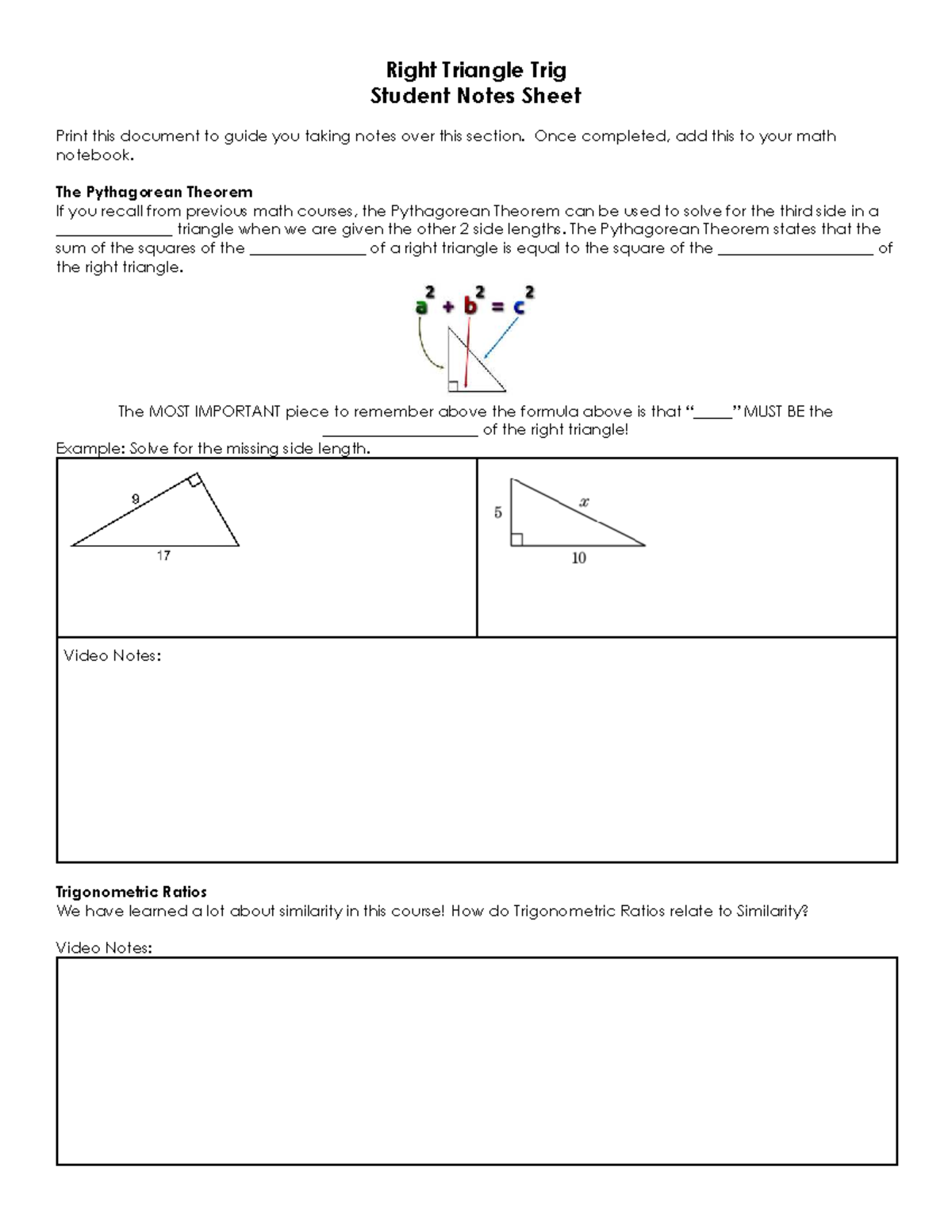 MATH 101: Right Triangle Trigonometry Student Notes - Studocu