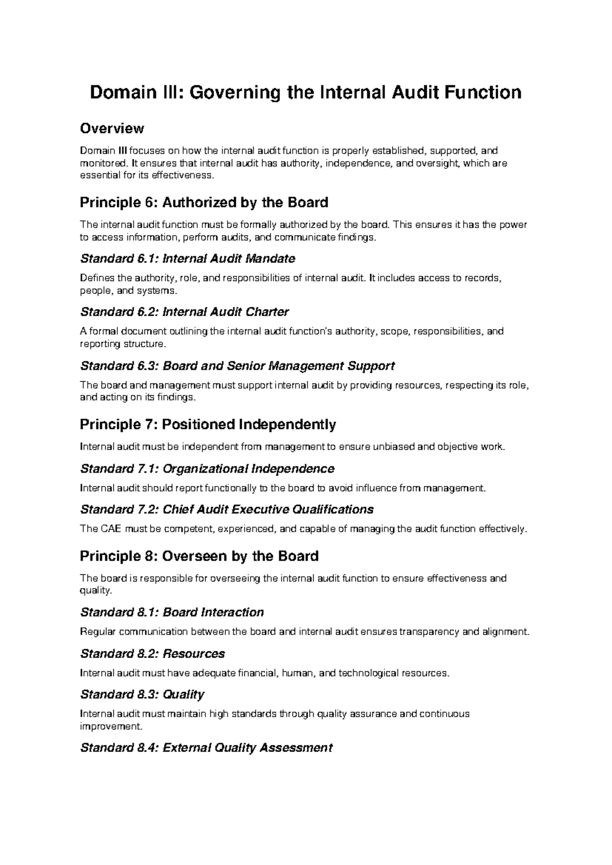 Domain III: Overview of Internal Audit Function and Governance - Studocu