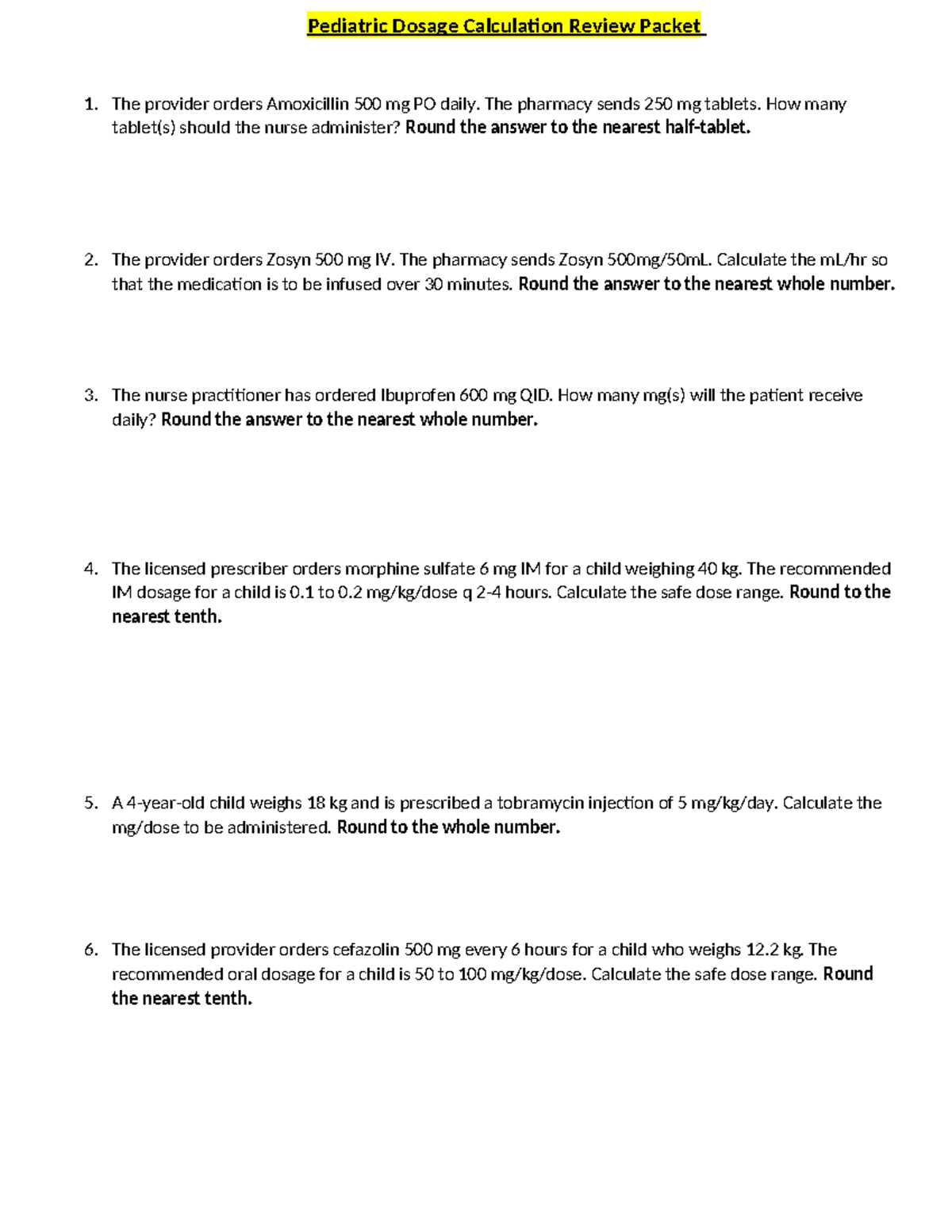 Pediatric Dosage Calculation Review Packet: Practice Problems ...