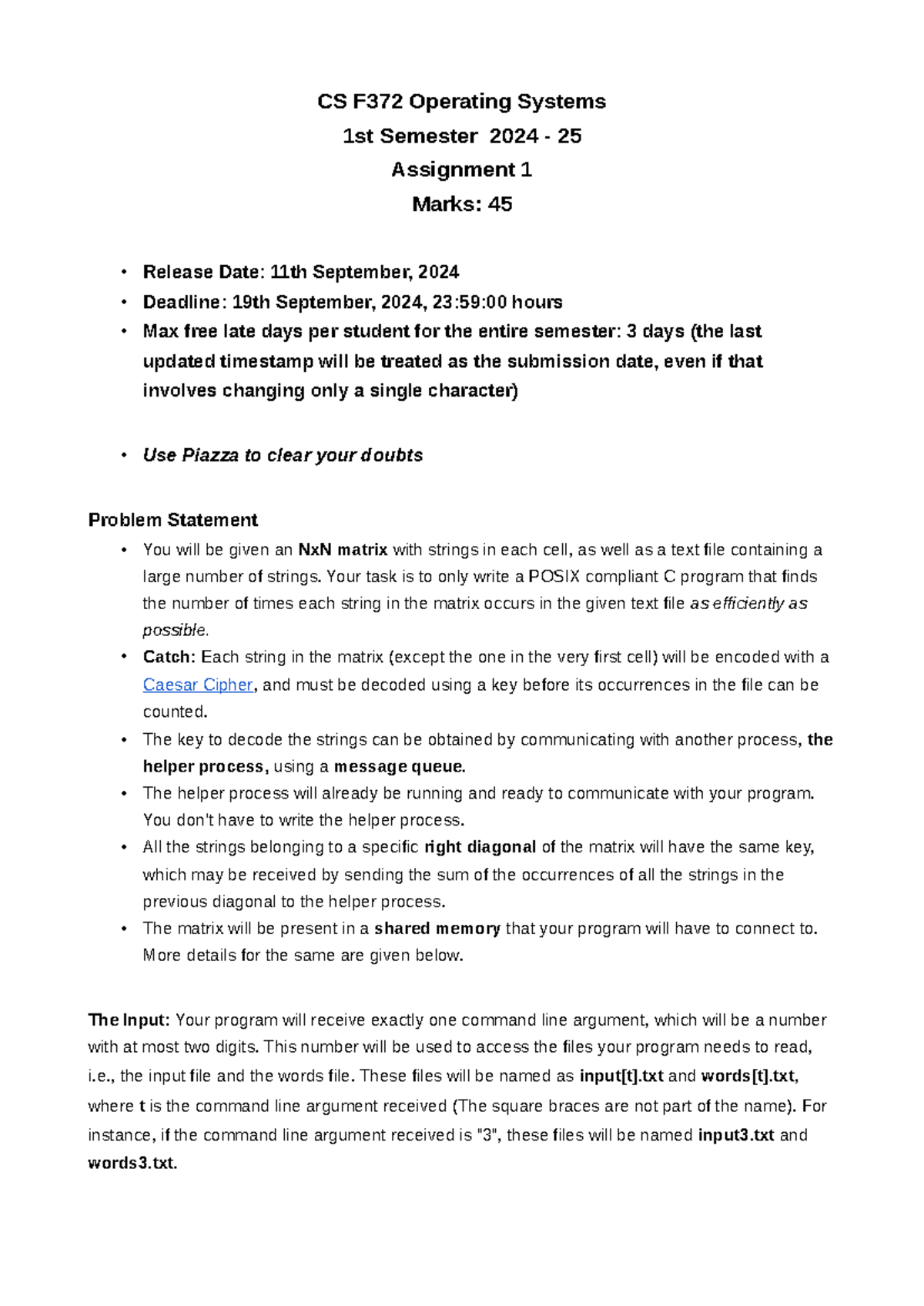 CS F372 Assignment 1: Interprocess Communication Using C - Studocu