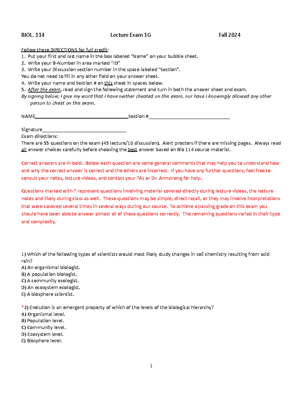 BIOL 114 Lecture Exam 1 Directions and Sample Questions Fall 2024 - Studocu