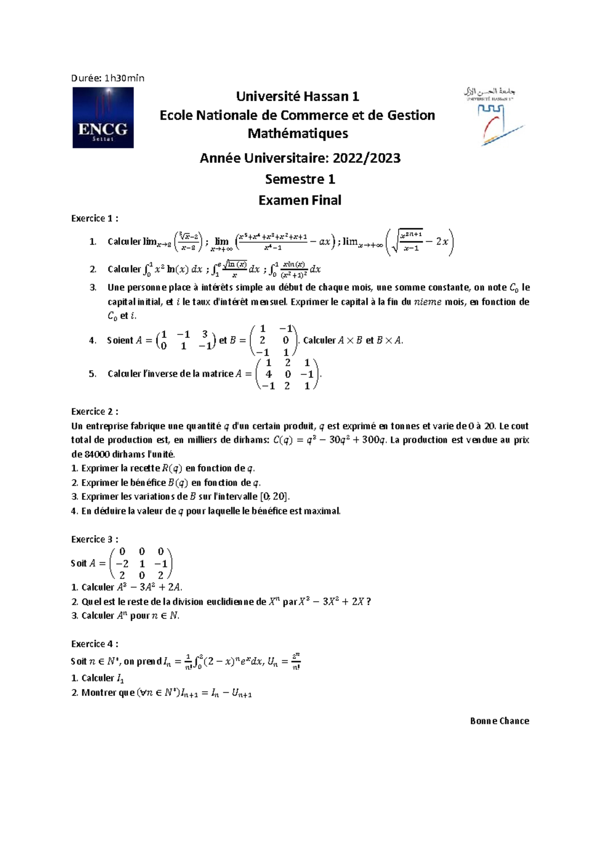 CF Math - CF pour maths S1 - Durée: 1h30min Université Hassan 1 Ecole ...