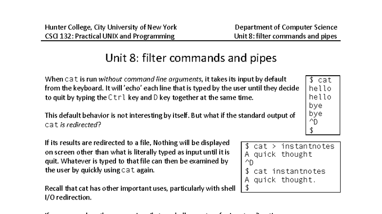 CSCI 132: Practical UNIX - Unit 8: Filter Commands and Pipes - Studocu