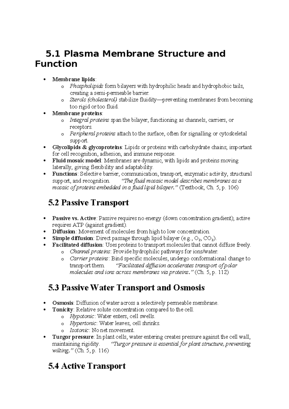 Chapter 5 Learning Outcomes: Membrane Structure & Transport Concepts ...