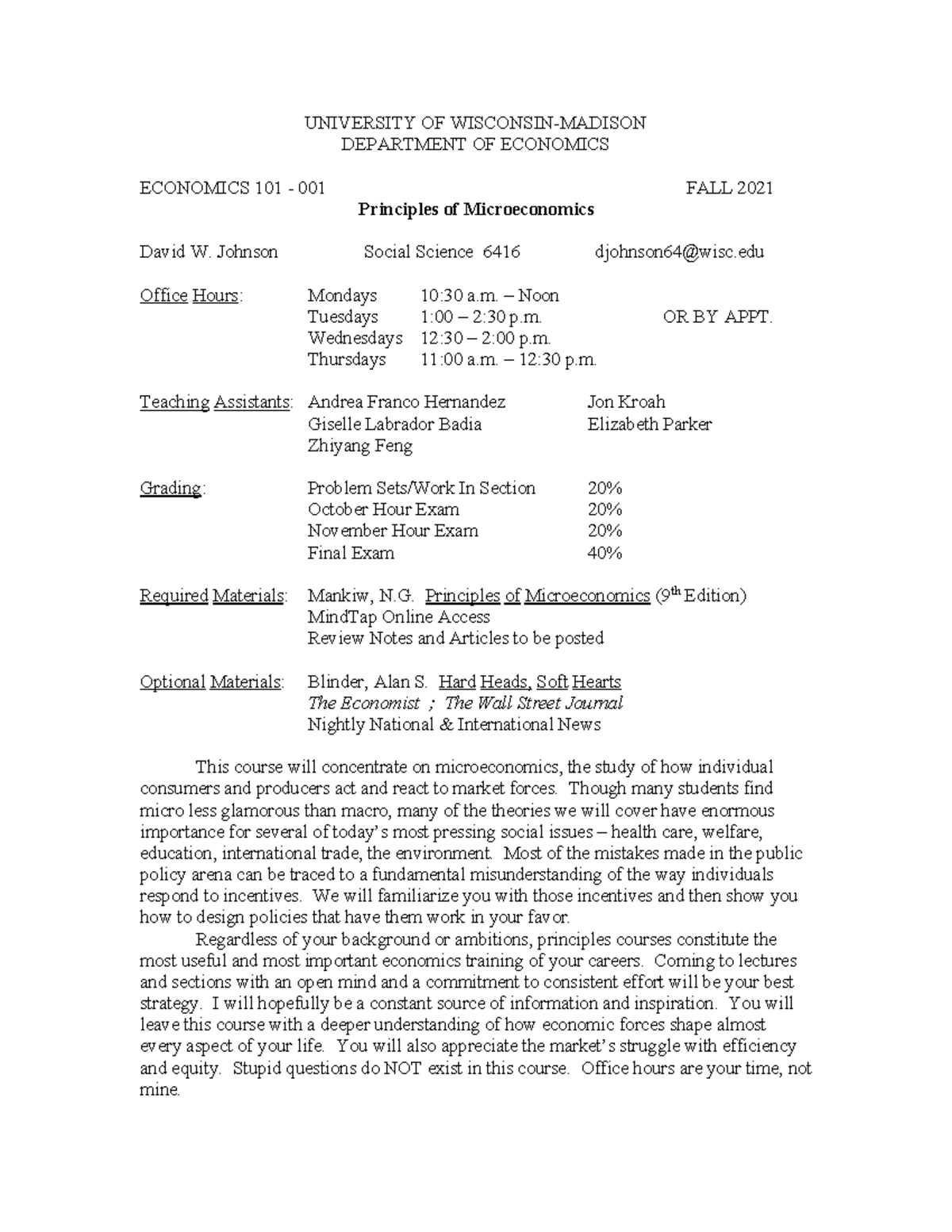 Econ 101 Fall 2021: Principles of Microeconomics Syllabus Overview ...