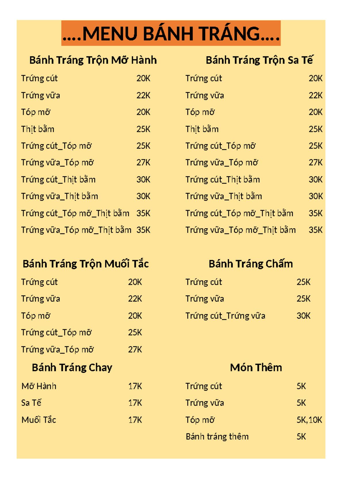 MENU BÁNH TRÁNG ĐA DẠNG - Giá Cả và Thông Tin Món Ăn - Studocu
