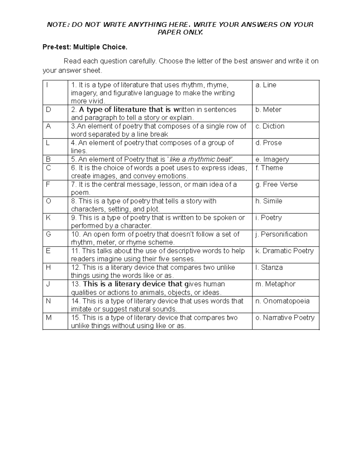 Pre-test: Multiple Choice Questions on Poetry Elements - Studocu
