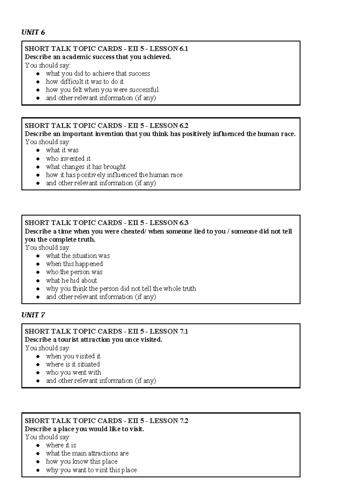 EII 5 - Final Short Talk Topic Cards Overview - Studocu