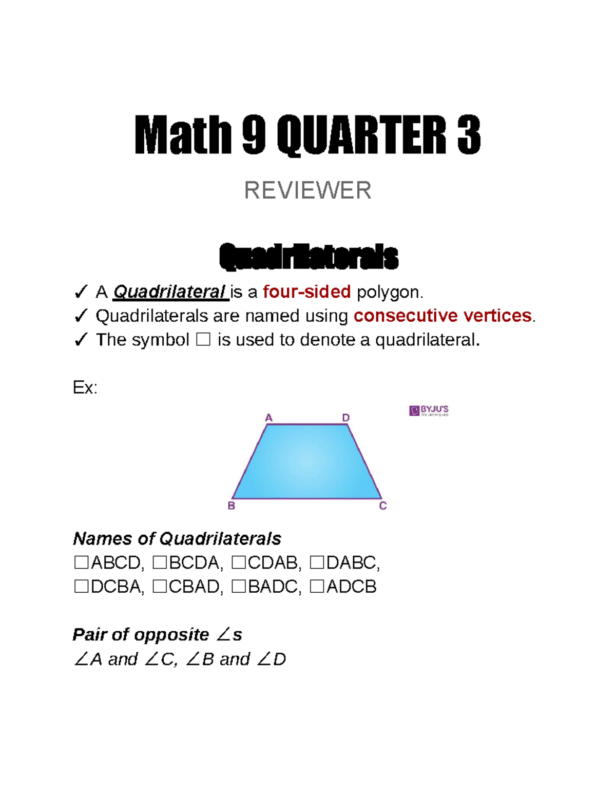 Math 9 Q3 REVIEWER: Properties of Quadrilaterals and Theorems - Studocu