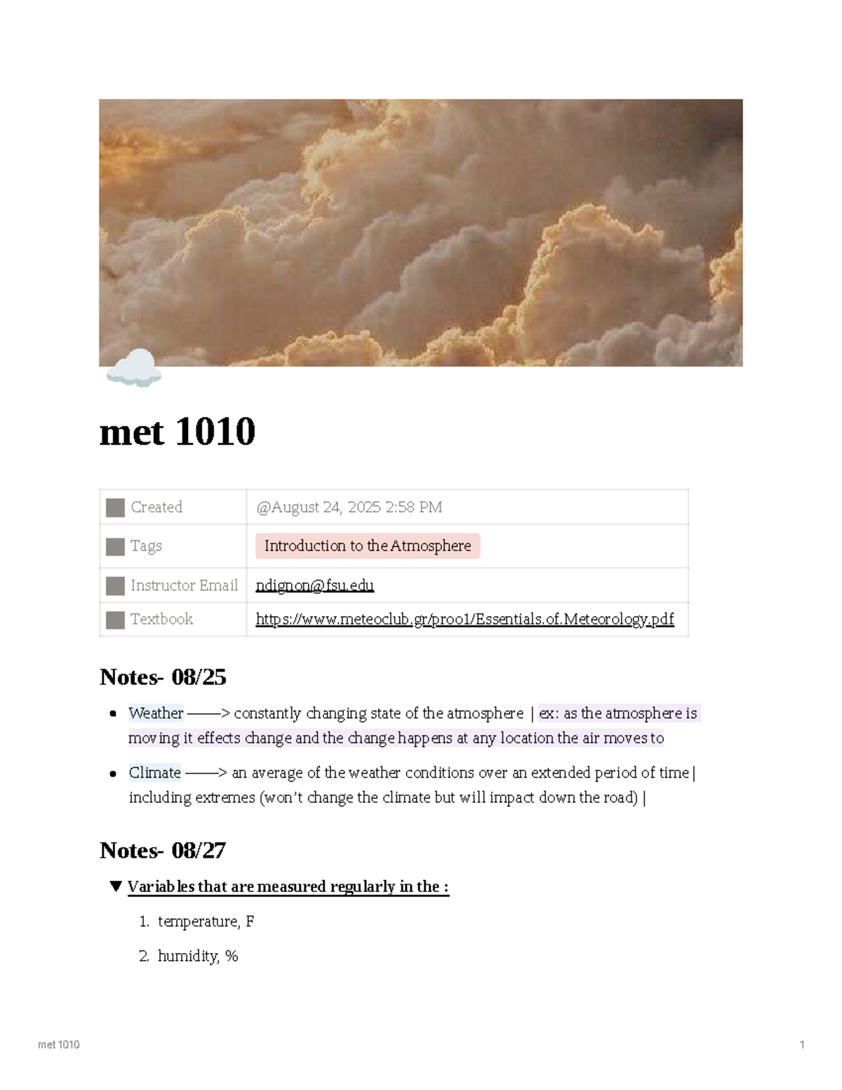 MET 1010: Intro to the Atmosphere - Comprehensive Class Notes - Studocu