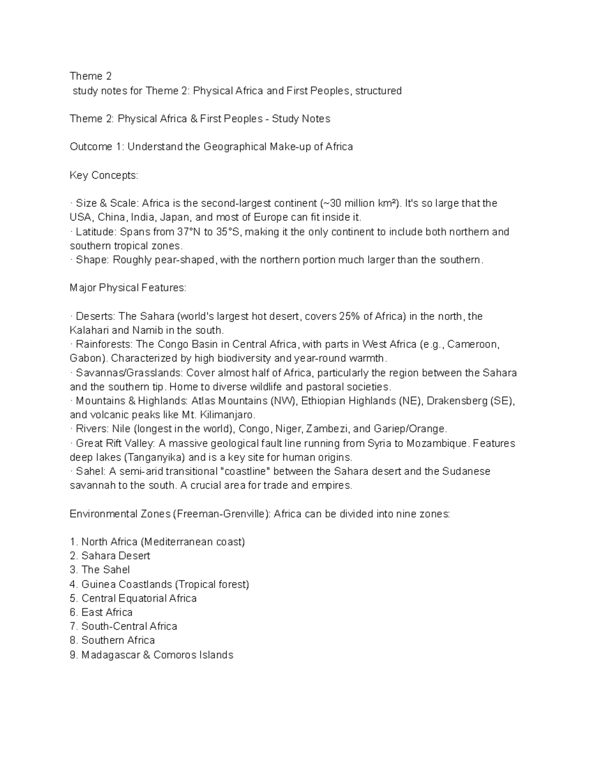 Theme 2 Study Notes: Physical Africa & First Peoples Overview - Studocu