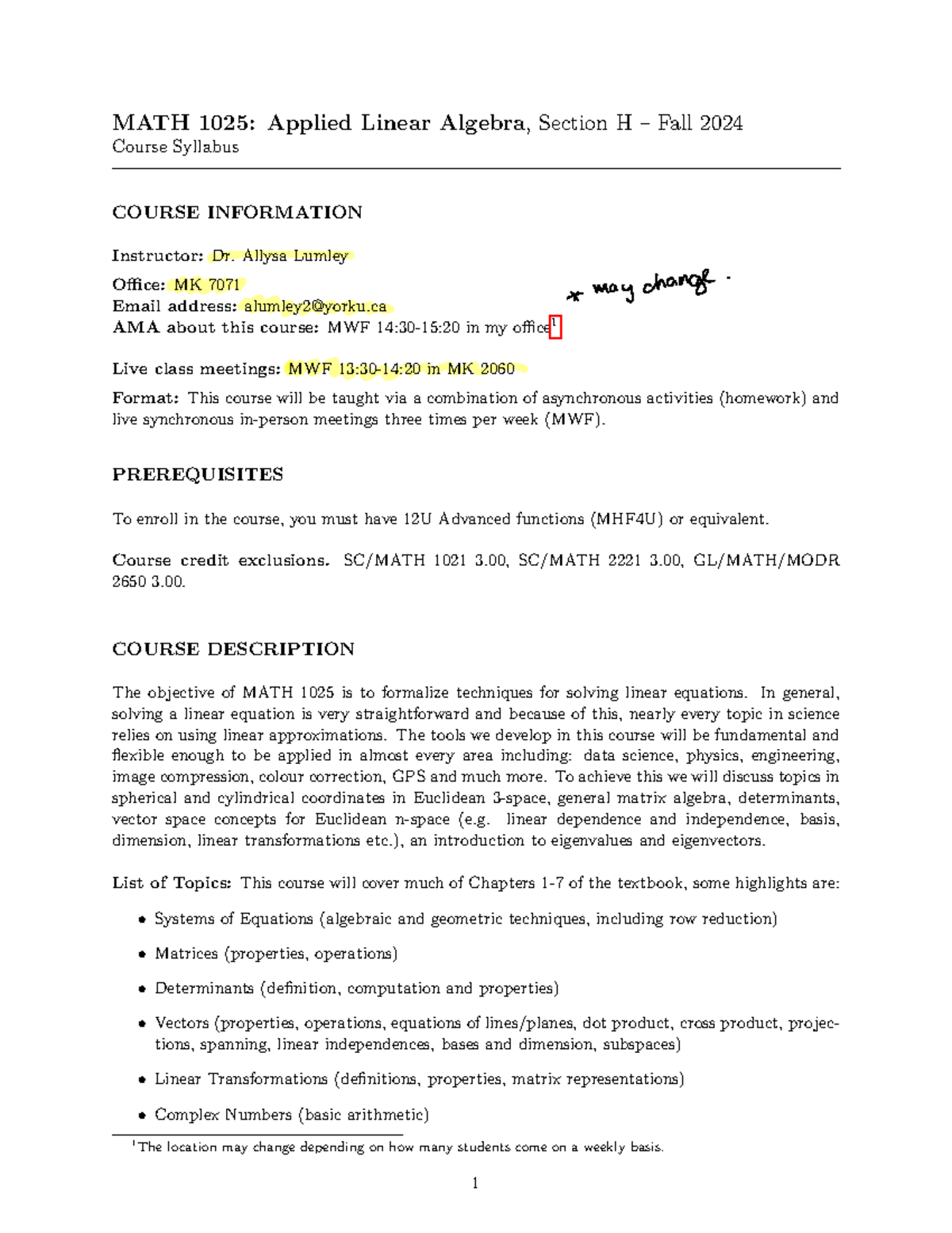 MATH 1025: Applied Linear Algebra Syllabus - Fall 2024 Overview - Studocu