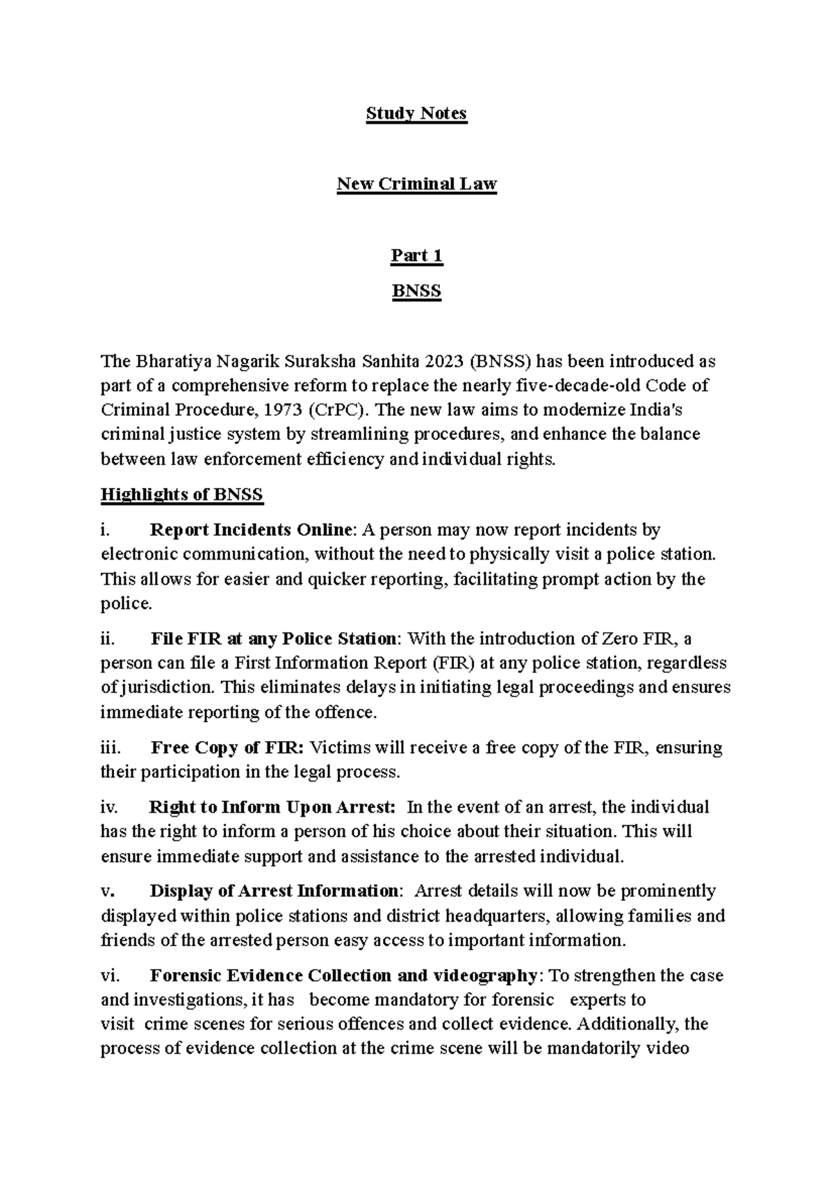 BNSS - Comprehensive Study Notes on New Criminal Law 2023 - Studocu