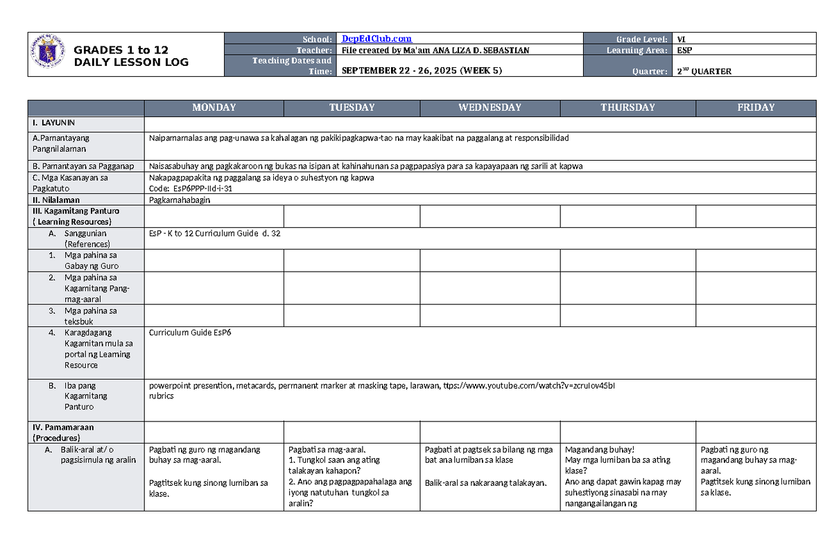DLL ESP 6 Q2 W5: Daily Lesson Log for Grades 1-12 - Studocu