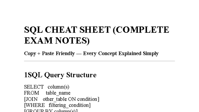 SQL CHEAT SHEET (COMPLETE EXAM NOTES) - Easy Reference Guide - Studocu