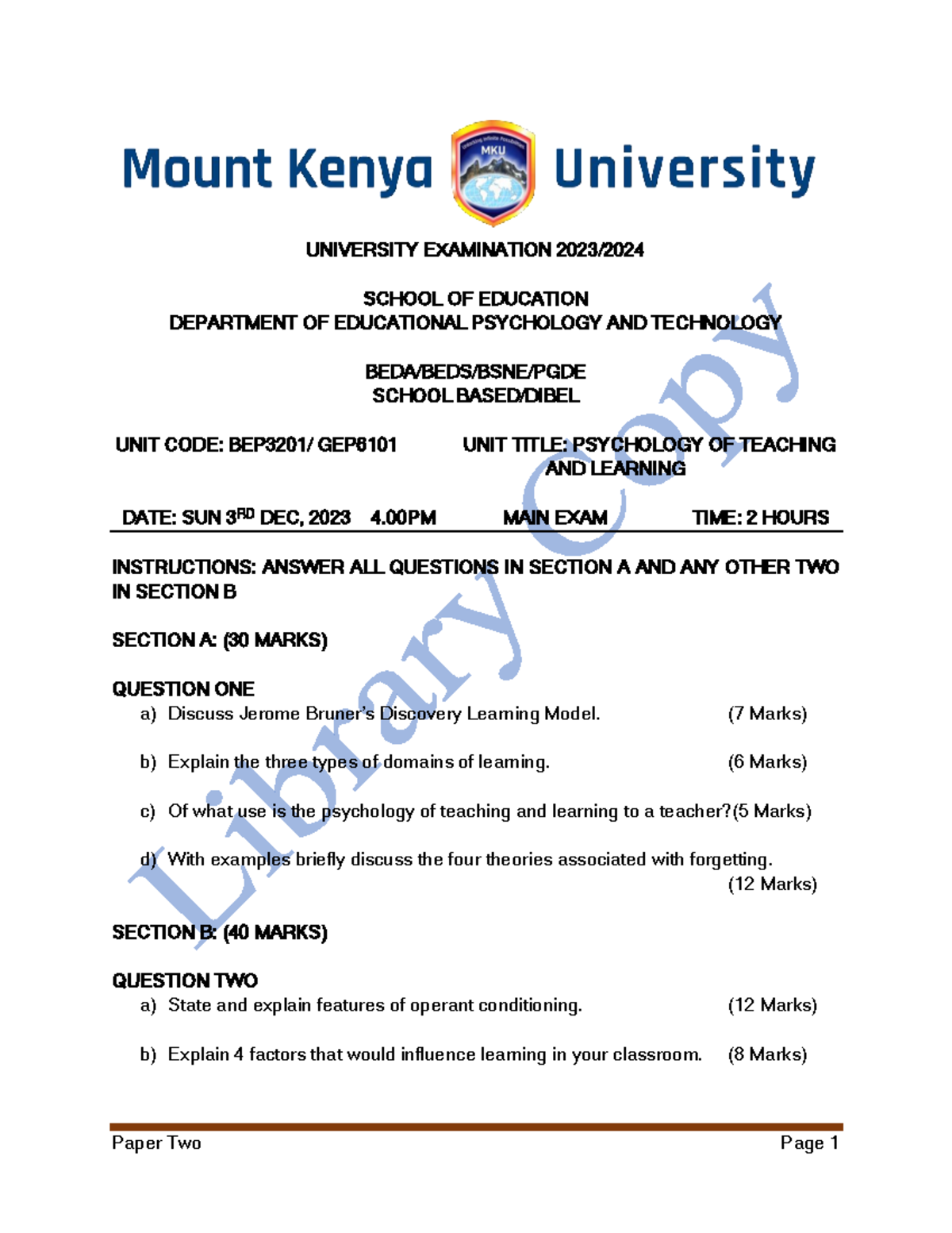 BEP3201 Psychology OF Teaching AND Learning SB MAIN - Paper Two Page 1 ...
