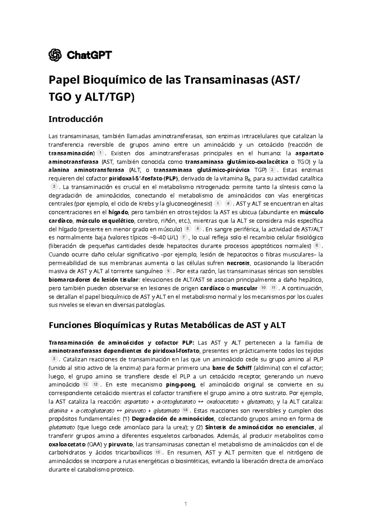 Papel Bioquímico de las Transaminasas (AST TGO y ALT TGP) - Studocu